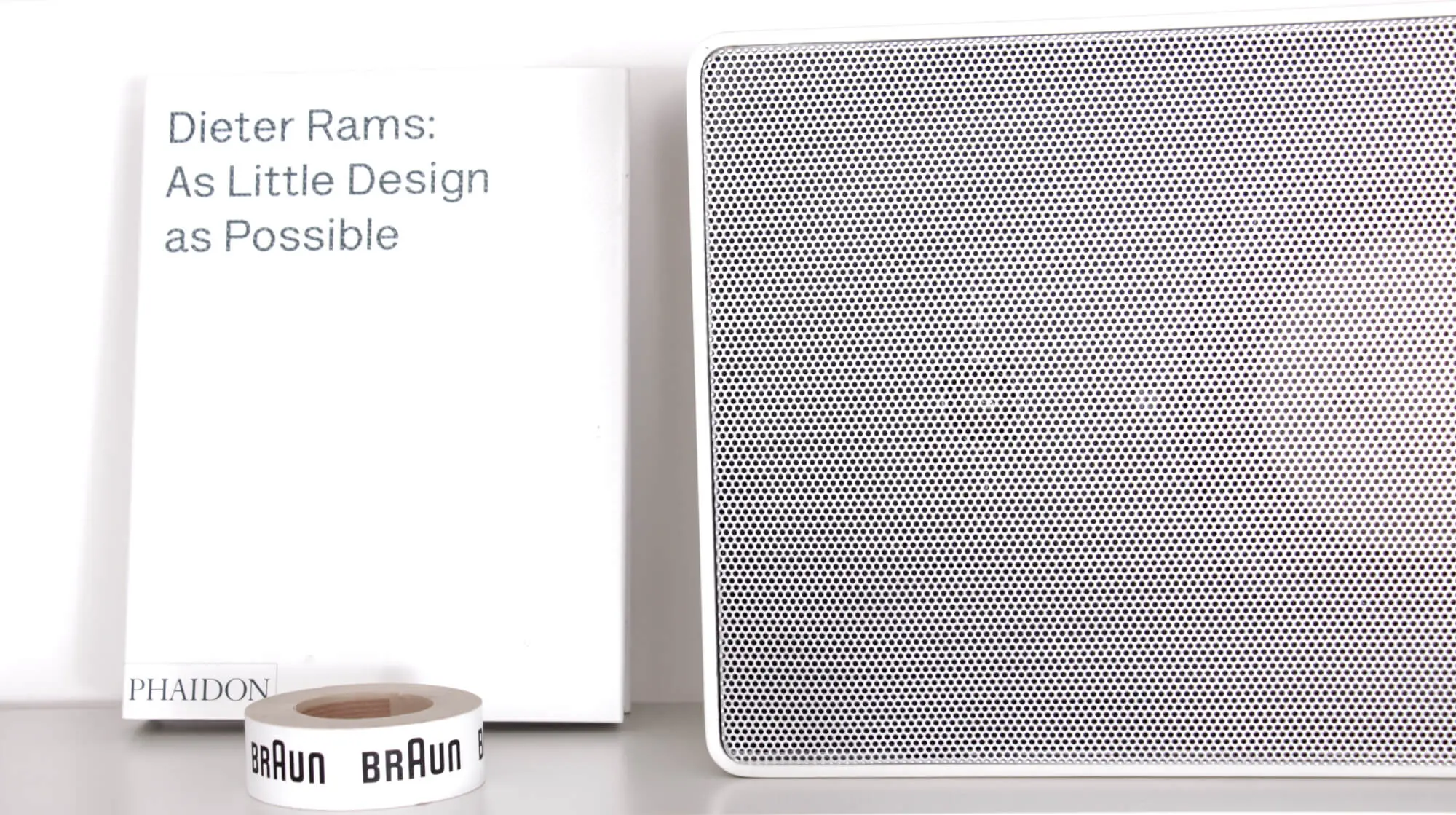 Dieter Rams Book Phaidon Sophie Lovell As Little Design as Possible on Vitsoe 606 with Braun Loudspeaker L480 white